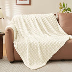 BEDELITE 3D Checked Cream Fleece Throw Blanket for Couch, 50x70 Inch - Image 2