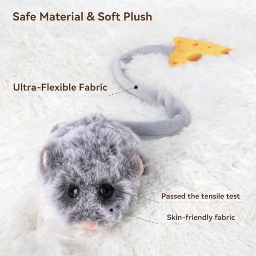 Migipaws Interactive MigiMouse Cat Toy 360° Rolling & Spin with Wiggling Tail for Indoor Cats Smart Motion Sensor, Realistic Squeak, Rechargeable Plush Kitten Toy(Grey Long) - Image 5