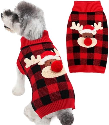Dog Christmas Sweater Cute Dog Christmas Outfit with 3D Reindeer Pattern Soft Warm Turtleneck Knitted Pet Clothes Cold Weather Puppy Clothes for Small Medium Large Dogs Cats by BAOBICUTE