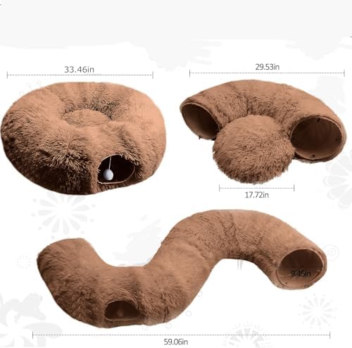 Cat Tunnel Christmas Tree Skirt， Cat Bed Under The Xmas Tree, Soft Plush Kitty Tunnel Bed with Washable Cushion, Two-Entry Peekaboo Round Christmas Cats Donut for Kitten Puppy Rabbit Ferret (Brown) - Image 5