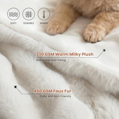 COZY KISS Faux Fur Throw Blanket, Dog Blanket for Couch, 50"x60", Cream - Image 3