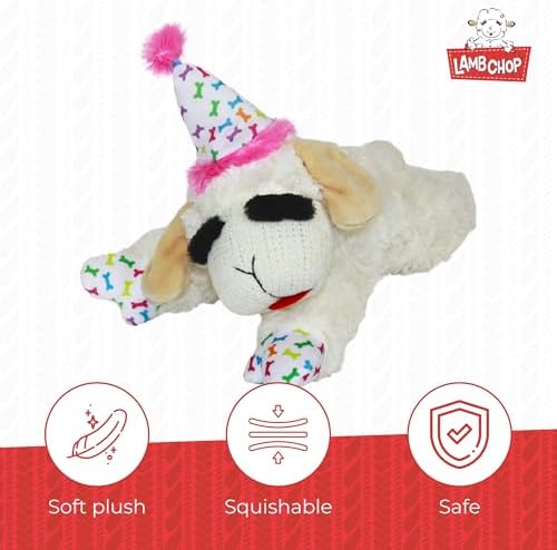 Multipet Lamb Chop Dog Plush Toy with Birthday Hat - Squeaky Dog Toy - Image 3