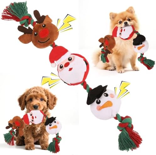 EXPAWLORER Christmas Dog Squeaky Toy - Interactive Doggie Rope Toy with Squeaker, Tug of War Pull Rope Teeth Cleaning, Tough Cotton Chew Toys for Small Medium Dogs Puppies Deer+Santa Claus+Snowman by EXPAWLORER