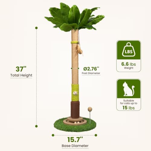 37'' Tall Cat Scratching Post, Sturdy Cat Tree Tower with Plush Perch, Hanging Toy & Interactive Wooden Ball, Durable Sisal Scratcher for Indoor Cats and Kittens - Image 5
