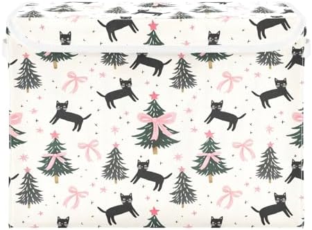 Bolaz Storage Bins with Lids and Handles,Pink Bows Cats Christmas Tree Pattern Storage Box Basket with Cover Collapsible Organizer Containers for Home Closet, Shelves - Image 2