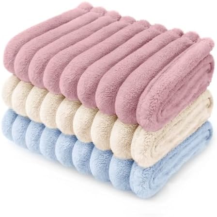 LINENLUX 1 Pack 3 Fleece Dog Blanket Soft Warm Cat Pink/White/Blue Small by LINENLUX