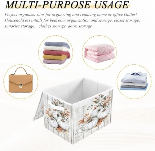Bolaz Storage Bins with Lids and Handles,White Pumpkin Wood Storage Box Basket with Cover Collapsible Organizer Containers for Home Closet, Shelves - Image 7