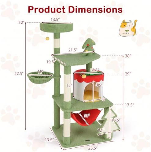 PETSITE 52 inch Cat Christmas Tree, Multi-Level Cat Tower with Sisal Scratching Posts & Board, Cat Condo, Basket Bed, and Detachable Hammock, Cute Cat Tree for Indoor Cats - Image 4