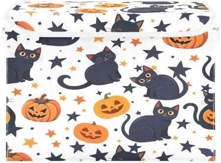 Bolaz Storage Bins with Lids and Handles,Black Cat Pumpkin Pattern Storage Box Basket with Cover Collapsible Organizer Containers for Home Closet, Shelves - Image 2