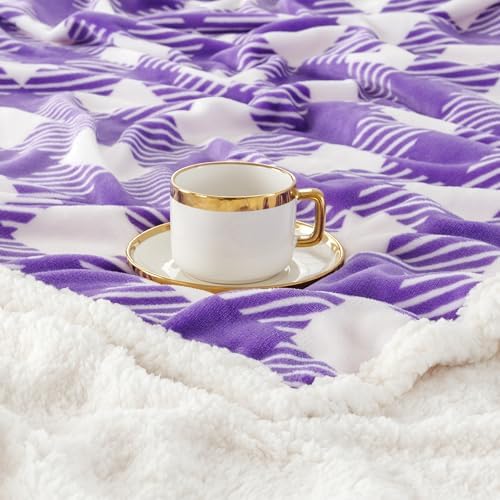 Touchat Sherpa Plaid Twin Blanket 60" X 70", Fuzzy Fluffy Soft Cozy Throw Blanket, Twin Size Plush Fleece Flannel Plush Microfiber Blanket for Couch Bed Sofa (PurpleWhite) - Image 3