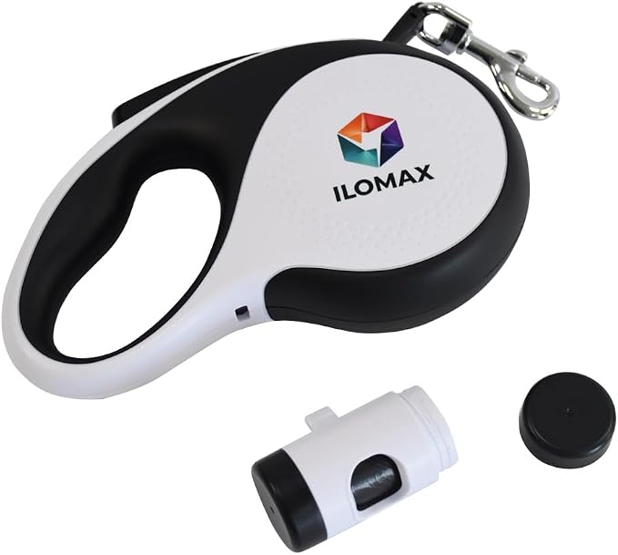 ILOMAX 360° Tangle-Free Retractable Dog Leash Built-in Waste Bag Dispenser Under Handle 2 Rolls Poop Bags Included Heavy Duty Tape Leash for Dogs up to 50kg Carry Pouch Included (White, XL)