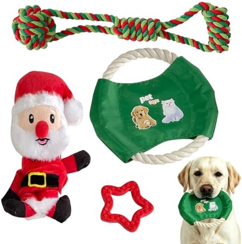 Christmas Dog Toys 4 Pack, Squeaky Plush, Rope Frisbee & Teething Toys by Unknown