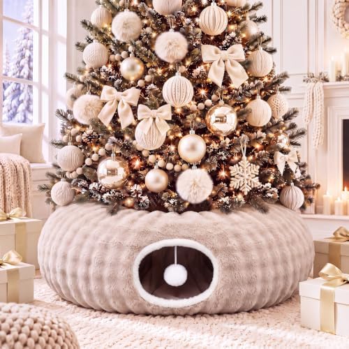 Christmas Tree Cat Tunnel 36 in Donut Bed, Cream, Bubble Fleece, Fluffy by SilTriangle
