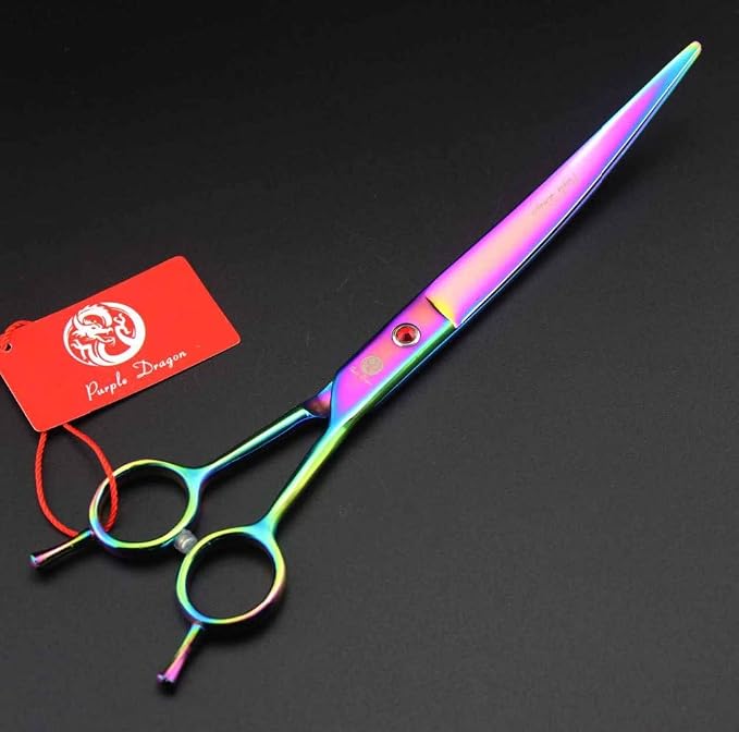 Purple Dragon 8 in Dog Grooming Scissors Set with Anti-Shock Bag - Rainbow | Japanese 440C Steel Pet Grooming Shears, Comfortable Grip, Includes Curved, Straight & Thinning Scissors with Silencer