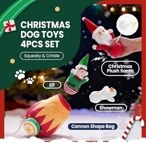 Nocciola Christmas Squeaky Dog Toys 4PCS, Interactive Hide and Seek Dog Toys Christmas Theme- Santa/Snowman/Elf in Cannon Toys Plush, Crinkle Dog Chew Toys for Large Medium Small Dogs - Image 2