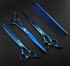 Purple Dragon 8 inch Dog Grooming Scissors Set with Anti-Shock Bag - Blue | Japanese 440C Steel Pet Grooming Shears, Comfortable Grip, Includes Curved, Straight & Thinning Scissors with Silencer