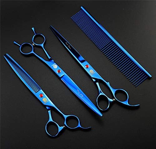 Purple Dragon 8 inch Dog Grooming Scissors Set with Anti-Shock Bag - Blue | Japanese 440C Steel Pet Grooming Shears, Comfortable Grip, Includes Curved, Straight & Thinning Scissors with Silencer