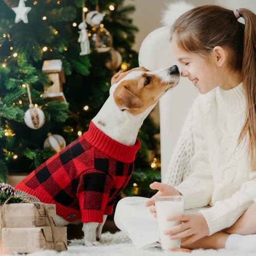 Dog Christmas Sweater Red Plaid Cardigans Dog Christmas Outfit Soft Warm Knitted Pet Clothes Cold Weather Puppy Clothes for Small Medium Large Dogs Cats - Image 6