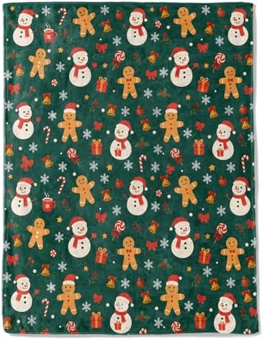 Christmas Snowman Gingerbread Decorative Throw Blanket, Candy Cane Bell Print Decoration, Soft Flannel Winter Blankets for Couch Bed Sofa, Holiday Home Decor, Xmas Festival Gifts 40x50 Inch by AINORI