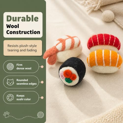 Glaciart One Wool Sushi Cat Toy Set with Catnip, 4 Pcs Cute Felt Cat Toys for Interaction and Boredom Relief, Encourages Exercise, Exploring and Play - Image 5
