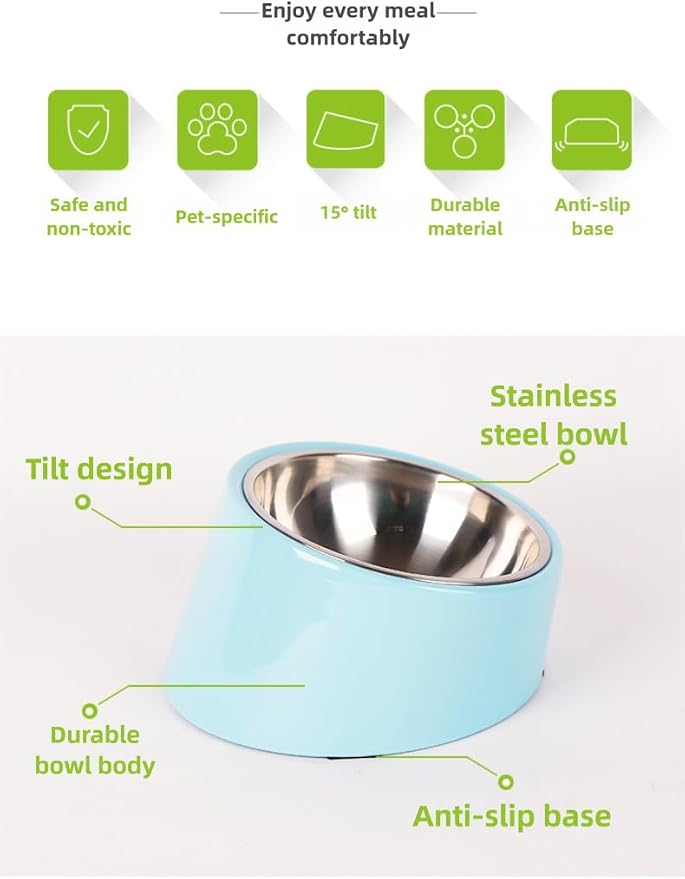 15° Tilted Dog Bowl for Small Dogs Flat-Faced Breeds - Anti-Choke Ergonomic Elevated Feeder Non-Slip Base - 2-in-1 Detachable Stainless Steel Food & Water Bowls - Classic Black Sleek Style (Ｍ, Black)