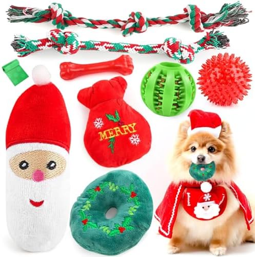Christmas Dog Toys 9 Pack, Luxury Santa Puppy Chew Toy, Cotton Squeaky Plush Toys for Small Dogs, Durable Interactive Rope Treat Dog Ball and Bones, Rubber Teething Toys for Dogs Gifts by Unknown