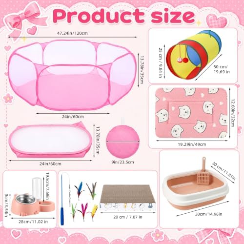 13 Pcs Kitten Starter Kit with Playpen Litter Box Feeder, Pink - Image 2