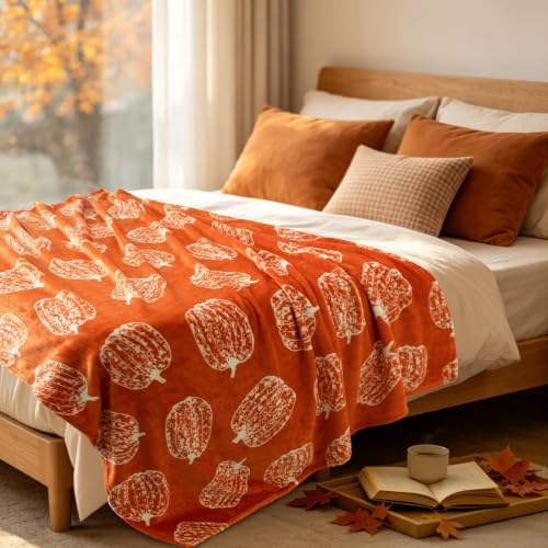 Vessia Pumpkin Printed Throw Blanket for Couch, 300GSM Orange Fall Decor - Image 2