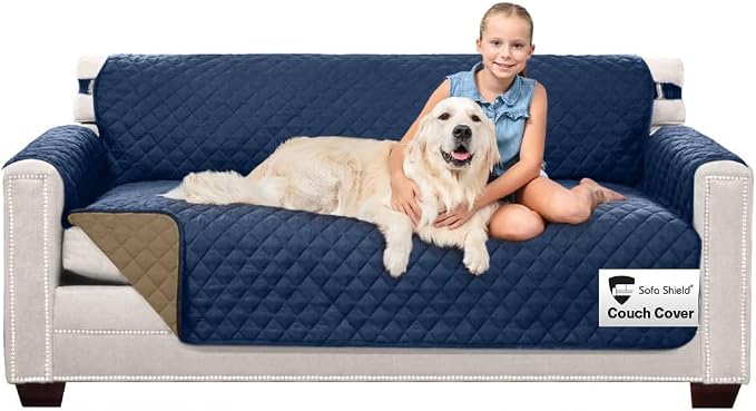Sofa Shield® Couch Slip Covers for Dogs, Reversible Furniture Protector with Strap, Stain and Tear Resistant Cushion Cover, 70 inch Seat, Machine Washable Slipcover Dog Pets, Cats, Navy Sand