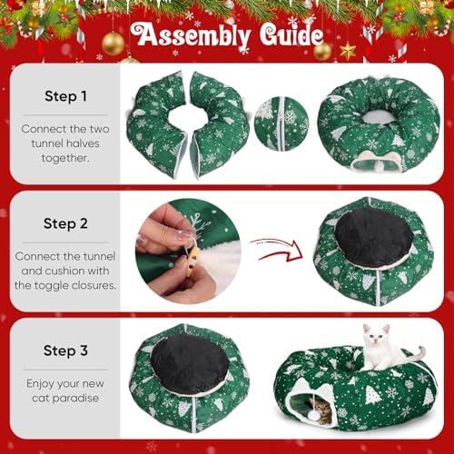 Cat Tunnel Bed Under Christmas Tree, Cat Tunnel Christmas Tree Skirt for Indoor Cats, Donut Tunnel Toys for Multiple & Large Carts, for Kitten, Rabbit, Puppy, Green Snowflake - Image 5
