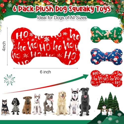 6 Pack Christmas Dog Squeaky Bone Toys Plush Interactive Dog Pets Birthday Bone Shape Stuffed Chew Toys for Puppy Small Medium Large Squeak Toss Play - Image 2