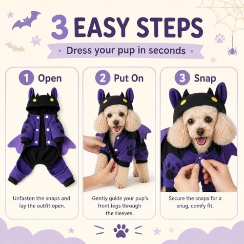 Dog Halloween Clothes, Fleece Bat Costume,Four-Leg Snap Jumpsuit,L - Image 5