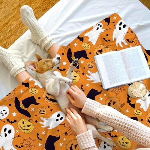 Orange Halloween Blanket, Spooky Pumpkin Ghosts Fleece Throw Blanket for Kids, Fall Halloween Decorations Gifts for Kids Women Birthday, 40x60 Inches - Image 6