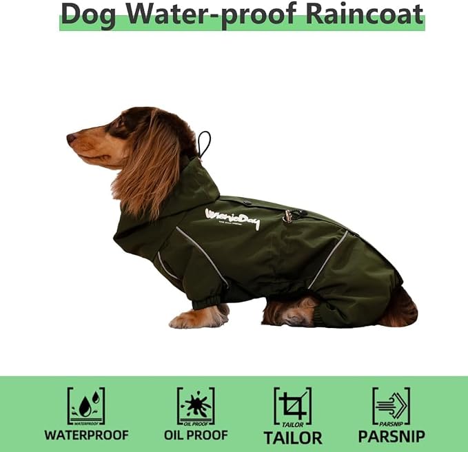 Dachshund Full Body Dog Raincoat, Waterproof 4-Leg Jacket with Removable Belly Flap, Lightweight Reflective Hooded Dog Coat for mini Dachshund Small Medium Dogs (Large(15-20lbs))