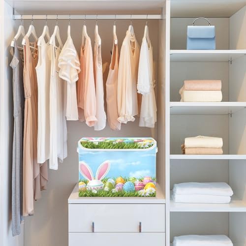 Bolaz Easter Bunny Ear Egg Storage Bins with Lids and Handles, Storage Box Basket with Cover Collapsible Organizer Containers for Home Closet, Shelves - Image 6