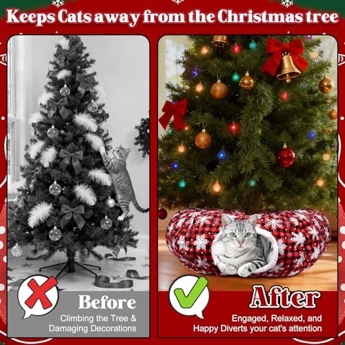 Christmas Cat Tunnel Tree Skirt – Warm Flannel Donut Tunnel Bed with Soft Cushion & Hanging Ball Toy, Peekaboo Cat Cave Under Tree for Indoor Cats to Prevent Christmas Tree Falling, Plaid Red - Image 4