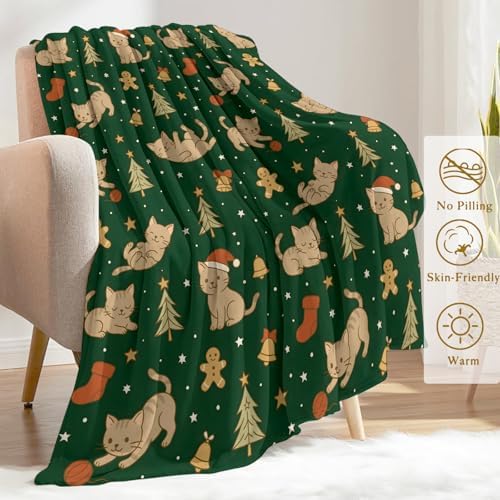 Cute Cat Christmas Decorative Throw Blanket, Kitten Gingerbread Tree Bell Print Decoration, Soft Flannel Winter Blankets for Couch Bed Sofa, Holiday Home Decor, Xmas Festival Gifts 60x80 Inch - Image 3