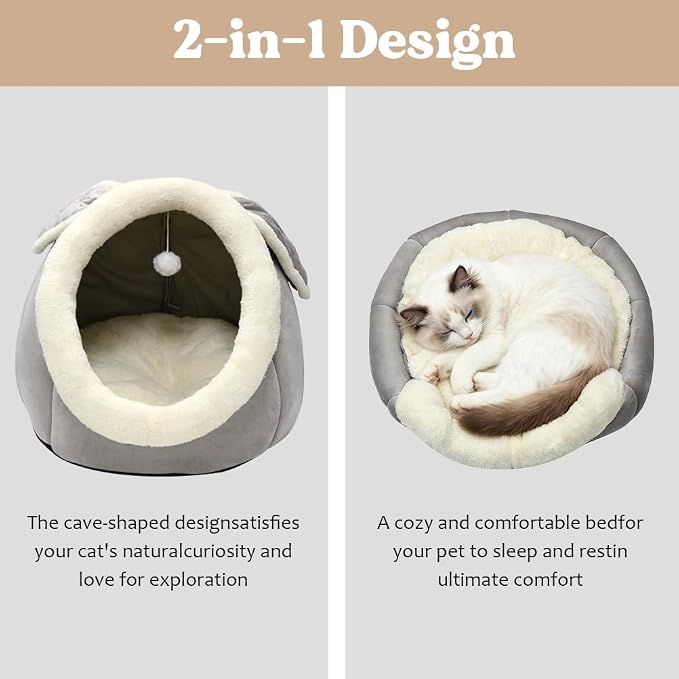 Cat Beds for Indoor Cats-Rabbit-Shaped Cat Cave Bed with Hanging Toy,Grey L | Super Soft Calming cat Tent house for Kitten&Puppy,Warm Plush&Machine Washable&Removable Cushioned Pad,Cute cat Hideaway
