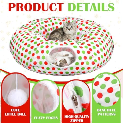 Soulchen Cat Tunnel Christmas Tree Skirt 3ft x 3ft Red and Green Cat Bed - Image 6