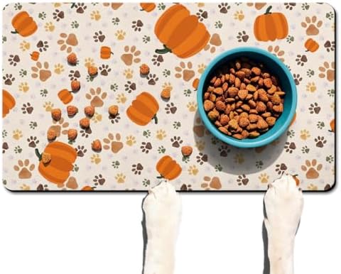 Fall Pumpkin Dog Food & Water Mat, Paw Prints Autumn Pet Feeding Mat for Floor Non-Slip Waterproof, Super Absorbent Cat Bowl Mat, Easy to Clean Eco-Friendly Durable Pet Placemat,17" × 30" - Image 3
