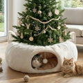 White Plush Cat Tunnel Christmas Tree Skirt, 2-in-1 Cat Donut Tunnel Bed by OurWarm