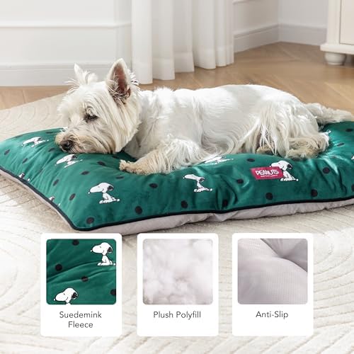 Berkshire Peanuts® Square Dog Bed, Suedemink Fleece Pet Mat with Waterproof & Non-Slip Bottom, Soft Plush Dog Mat for Crate, Couch, or Floor, Machine Washable(Snoopy Sitting Dot Green, Large) - Image 3