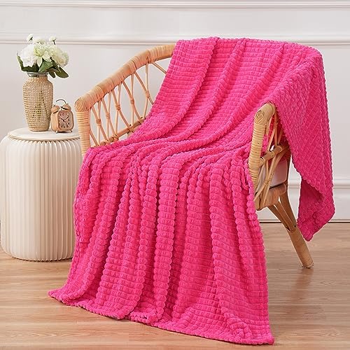 Puncuntex Fleece Throw Blanket Hot Pink 60"×80" with Square Grid Design by Puncuntex