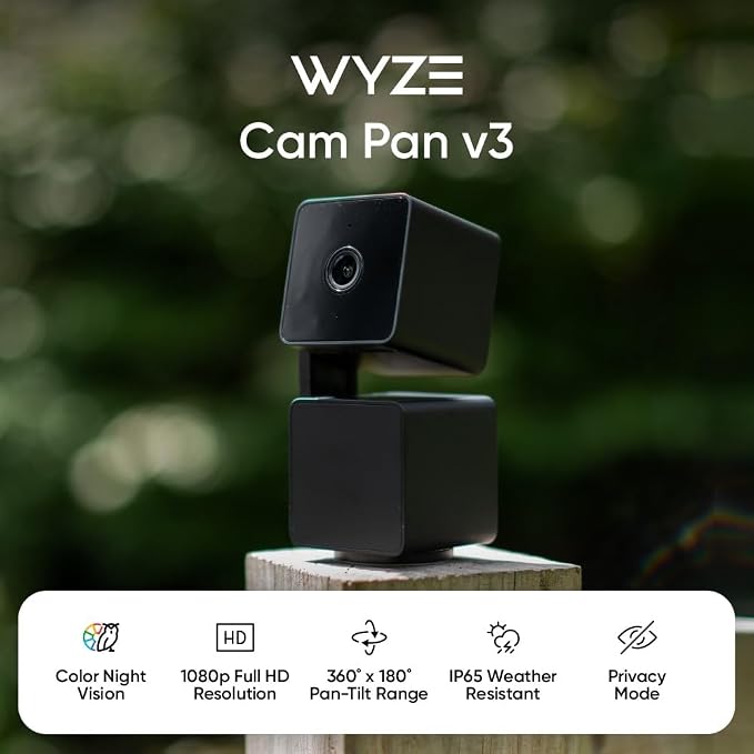 WYZE Cam Pan v3 Indoor/Outdoor IP65 1080P 360° Pan/Tilt/Zoom WiFi Smart Home Security Camera, Motion Tracking for Baby/Pet, Color Night Vision, Works with Alexa & Google Assistant