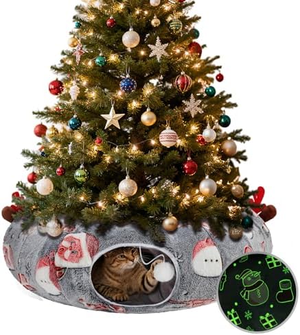 Cat Tunnel Christmas Tree Skirt, Plush Donut Bed for Cats, Grey by Midollarle