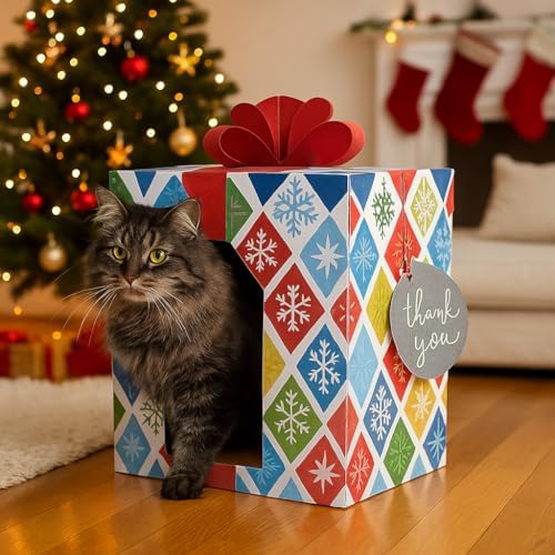 “Cat Gift Box Playhouse – Holiday Toy Hideout, Scratch-Resistant Cardboard House Shaped Like a Gift with Bow – Cute for Cats & Cat Lovers - Image 3