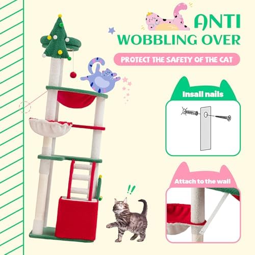 SHA CERLIN 67in Tall Cat Tree/Climbing Tower with Top Perch, Hammock, Sisal Scratching Posts/Cute Condo for Indoor Kitties/Pet Feline House/Activity Center/Christmas Decor/Green & Red - Image 5