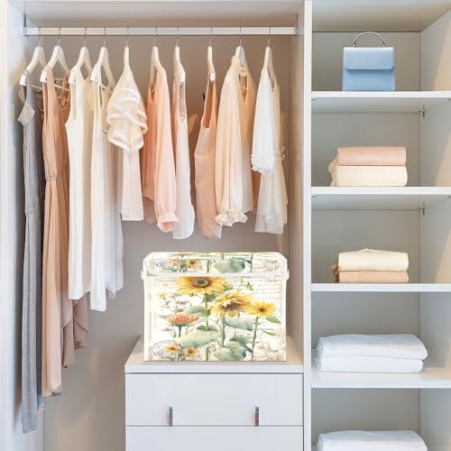 Bolaz Storage Bins with Lids and Handles,Sunflower Stamp Storage Box Basket with Cover Collapsible Organizer Containers for Home Closet, Shelves - Image 6