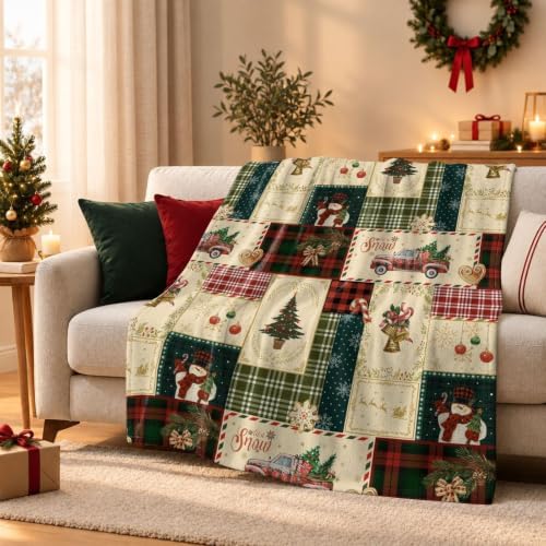 Neasow Vintage Christmas Throw Blanket, Retro Patchwork Grid Design Soft Fuzzy Cozy Flannel Blanket Gift for Family and Friends Home Sofa Couch Chair Decorative 50x60 Inch - Image 6