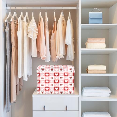 Bolaz Red Checkboard Dog Footprint Hearts Pattern Storage Bins with Lids and Handles, Foldable Storage Box Storage Basket with Cover Collapsible Organizer Containers for Home Closet, Shelves - Image 6